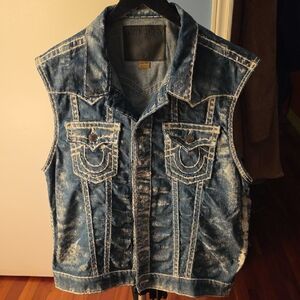 True Religion Distressed Blue Denim Vest